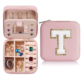 Yqljew Travel Jewelry Storage Box for Women - Pink, Portable Jewelry Organizer with Initial, Small Jewelry Box for Mother, Daughter, Sister, Girlfriend Gifts