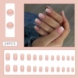 24Pcs Acrylic Press on Nails Medium Length Girls Fake Nails With Pink White Ombre Designs Glossy Artificial Nails Press ons Stick on Nails For Women