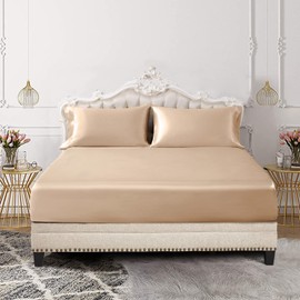 SiinvdaBZX 3-Piece Set Satin Full Fitted Sheet & 2 Pillowcase, Beige Silky Soft Fitted Bottom Sheet, Wrinkle Free, Fade Resistant, Deep Pocket Bed Sheet (Deep Up to 15")