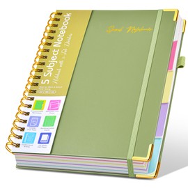 Hardcover Spiral Notebooks for Work, 5 Subject Notebook College Ruled with Dividers Tabs, 8.5" x 11" Lined Notebook Journal for women, A4 Large Notebooks for School Note taking, 240 Pages Green