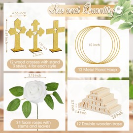 Wesiti 48 Pcs Baptism Centerpiece First Communion Table Decoration 12 Wood Cross 12 Floral Hoop with Stand 24 Foam Rose with Stem for Baptism Baby Shower Wedding(Gold and White,Stylish)