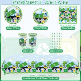 Obussgar Trash Truck Party Decoration - Garbage Truck Birthday Party Tableware Supplies Includes Plates, Cups, Napkins, Tablecloth, Straws - Serves 20
