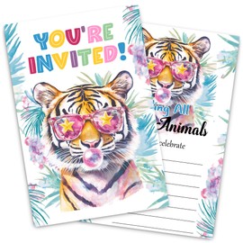 buwanJH Party Animals Birthday Invitation Cards, Safari Jungle Tiger Birthday Party Fill in Invitations, Double-Sided Design, 30 Cards with 30 Envelopes