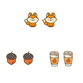 Pingyongchang 3 Pairs Thanksgiving Fall Wooden Stud Earrings Cute Autumn Turkey Pumpkin Maple Pine Nut Fox Earrings for Women Thanksgiving Day Jewelry Gift-Stud B