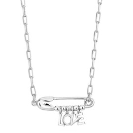 Vanbelle Sterling Silver Jewelry - Rhodium Plated with 925 Stamp - LOVE Word & Safety Pin Pendant Necklace for Women - Chain 16" long + 2" Extender