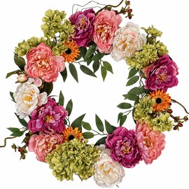 Petalyn 24in Peony Wreaths for Front Door, Large Spring Summer Floral Door Wreath with Hydrangea, All Year Round Colorful Flower Wreath for Farmhouse Wall Welcome Indoor Outdoor Decor (Twig Base)
