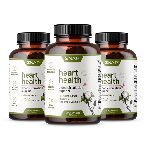 Snap Supplements Heart Health Support, Herbs to Improve Blood Flow Naturally, Support Healthy Blood Circulation & Oxidative Stress - Olive Leaf Extract, Turmeric, 270 Capsules