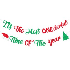 kreat4joy Christmas First 1st Birthday Decorations, It's The Most Onederful Time Of The Year Banner Glitter, 1st Birthday Banner Red Green Xmas Winter Holiday Supplies for 1 Year Old Boys and Girls
