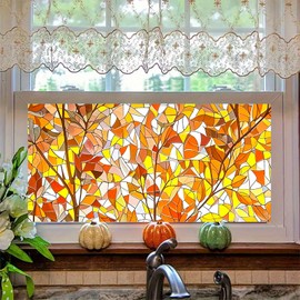 HOMETITUTE Stained Glass Window Film Leaves Window Privacy Film 39.3×17.7 Inchs Sun Blocking Static Cling Sticker Privacy Decorative Glass Home Window Decorations for Bathroom Living Room
