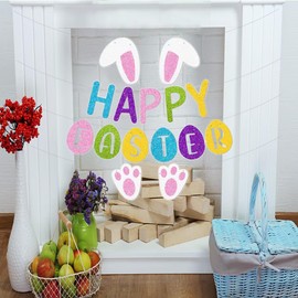 Comelodiant Happy Easter Banner Decorations Indoor Pre-assembled Bunny Banner for Easter Themed Party Home Wall Fireplace Mantle Decor