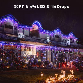 494 LED Icicle String Lights Indoor Outdoor, 50FT 114 Drops Christmas Fairy Lights with 8 Modes & Timer & Waterproof, Connectable Christmas Hanging Lights for Holiday Wedding Party Decor Multicolor