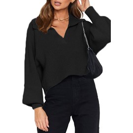 CHYRII Women Sweaters Oversized Puff Long Sleeve Polo V Neckline Solid Color Jumper Tops Black S