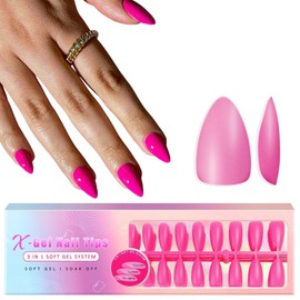 SXVME Soft Gel Nail Tips Short Almond Gel X Nails, 300Pcs Pre-applied Tip Primer Gel X Nail Tips, Natural Hot Pink Colored Gel Tips Acrylic Fake Nails Extensions False Nails Press ons for Easy DIY