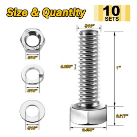 Mywish (10 Sets) 5/16-18x1 Hex Head Assorted Screws Nuts and Bolts with Flat & Lock Washers, 304 Stainless Steel 18-8, Fully Threaded, 5/16 Bolt Metric Bolt Assortment