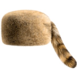 Shyyween Raccoon Tail Hat for Women Men Faux Fur Coonskin Hat with Tail Flat Top Warm Winter Cap for Unisex Cold Weather Brown