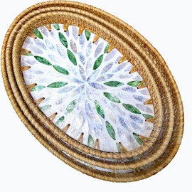 i- lan 3Packs Rattan and Mother of Pearl Oval Serving Trays, 13inch,12inch and 11inch Table Oval Serving Platters, Woven Basket Inlaid Mother of Pearl Plates for Home Décor, Coffee Table, Display