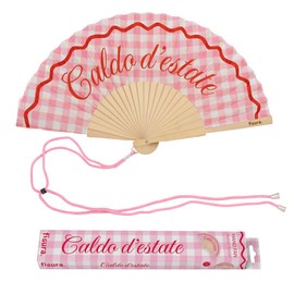 Fisura – Ventaglio originale con messaggio “Caldo d'estate”. Accessorio pieghevole in legno con motivo quadri rosa, ventilatore manuale leggero per spiaggia o festival. Laccetto incluso 42,5 x 23 cm