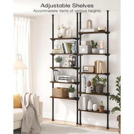 ALLZONE 5 Tiers Narrow Bookshelf, Tall Adjustable Ladder Book Shelf with Open Storage, Floor to Ceiling Tension Mount, Wooden Industrial Bookcase for Living Room, 92 to 116 Inch, Brown