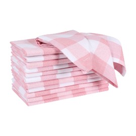 Juego de 12 servilletas de tela a cuadros de guinga de búfalo, 100% algodón, servilletas de cena a cuadros con esquinas ingletadas y dobladillo generoso, 18 x 18 pulgadas, color rosa/blanco