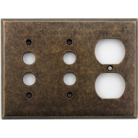 Classic Accents Aged Antique Brass 3 Gang Wall Plate - 2 Push Button Light Switch Opening 1 Duplex Outlet Opening