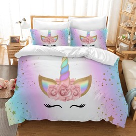 HZVRTN Children's Unicorn Bed Linen Set for Girls, Soft Microfibre Duvet Cover with Zip Pillowcase, 3D Unicorn Cartoon Bedding Set