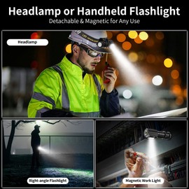 High Lumens LED Headlamp Rechargeable – 180° Adjustable Hard Hat Light with Red Light, Magnetic Base, Detachable Flashlight & Headband, Waterproof Head Lamp for Outdoor, Running, Camping, Emergency
