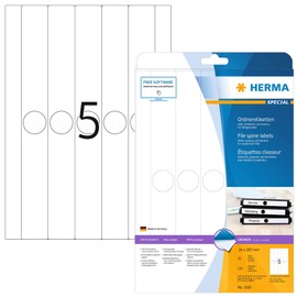 HERMA 5165 Hängeordner-Etiketten lang schmal, 25 Blatt, 34 x 297 mm, 5 pro A4 Bogen, 125 Stück, selbstklebend, bedruckbar, blickdicht, blanko Papier Ordneretiketten Rückenschilder Aufkleber, weiß