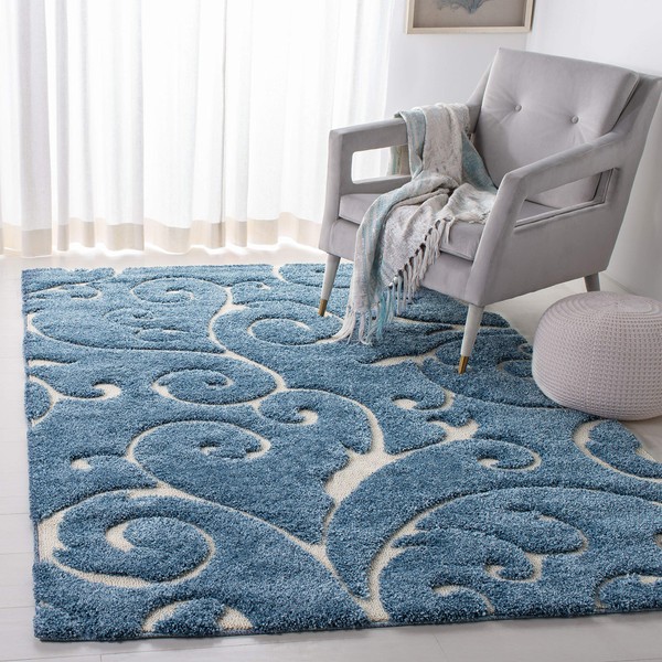 SAFAVIEH Florida Shag Collection SG455 Scrolling Vine Graceful Swirl Textured Non-Shedding Living Room Bedroom Dining Room Entryway Plush 1.2-inch Thick Area Rug, 4' x 6', Light Blue / Cream