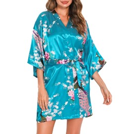 Vlazom Kimono Satin Robe Dressing Gown Short V-Neck Bathrobe with Belt Kimono Robe for Women, Sea blue