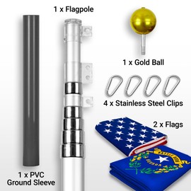 G128 Combo Pack: 20 Ft Telescoping Aluminum Flagpole (Silver) & American and Nevada Flags 3x5 Ft, Both ToughWeave Series Embroidered Polyester | Pole with Flags Included