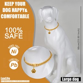 LuxLife Stainless Steel Gold Dog Collar, 10mm Cuban Link, 10-24'' for Small Medium Large Dogs, Snap Buckle, Includes Bell & Tag