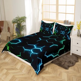 Teal Green and Black Print Duvet Cover Hexagonal Bedding Set Kids Boys Teens Honeycomb Decor Comforter Cover Beehive Geometric Bedspread Cover Bedroom Collection 3Pcs Double Size
