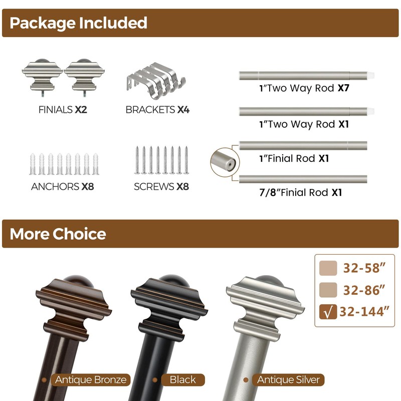 KAMANINA Black Curtain Rods for Windows 72 to 144 Inch,