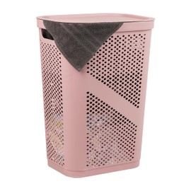 Mind Reader Slim Laundry Hamper with Lid, 60L Clothes Basket, Ventilated Plastic, 17.25"L x 13.75"W x 23.5"H, Pink