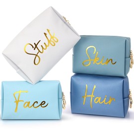 Aliceset 4 Pcs Preppy Makeup Bags Set Cute Travel Cosmetic Pouch Face Skin Hair Stuff Aesthetic Makeup Bags, PU Leather Waterproof Zipper Toiletry Pouch Gifts for Women Girl(Aqua Blue)