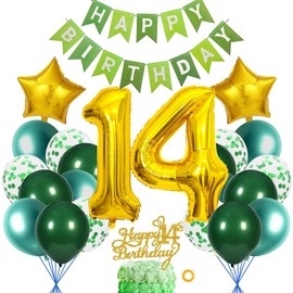 SNOWZAN Decoration 14th Birthday Girls Boys Green Gold 14th Birthday Decoration Girls Boys 14th Birthday Decorations 14th Birthday Girl Decoration with Happy Birthday Banner for Birthday 14 Boys