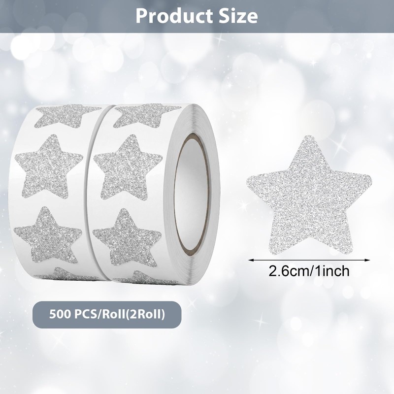1000 Pcs Silver Star Stickers, 2 Sticker Roll Glitter Star