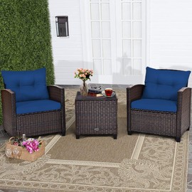 Tangkula 3 Pieces Patio Furniture Set, PE Rattan Wicker 3 Pcs Outdoor Sofa Set w/Washable Cushion and Tempered Glass Tabletop, Conversation Furniture for Garden Poolside Balcony (Blue)
