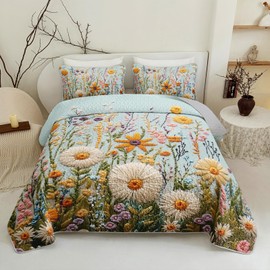QOOMO Flower Quilt Set Full/Queen Size,Floral Bedspread Coverlet Set,Embroidered Flower 3Pcs Bedding Set Printed Quilt with 2 Pillowcases,Soft and Lightweight,for All Seasons
