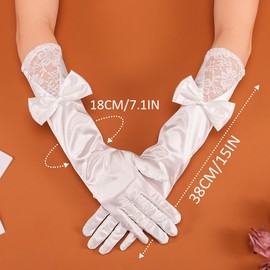 Latious Bow Opera Satin Gloves - Ivory Lace Bride Wedding Elbow Length 1920s Prom Gloves for Women