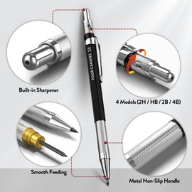 FourCandies 3PCS 2MM Mechanical Pencils with case, Artist Lead Pencil Metal Lead Holder with 120 Graphite Lead Refills(HB 2H 2B 4B Color), 4 Erasers, Sharpener, Drafting Pencil for Drawing, Sketching