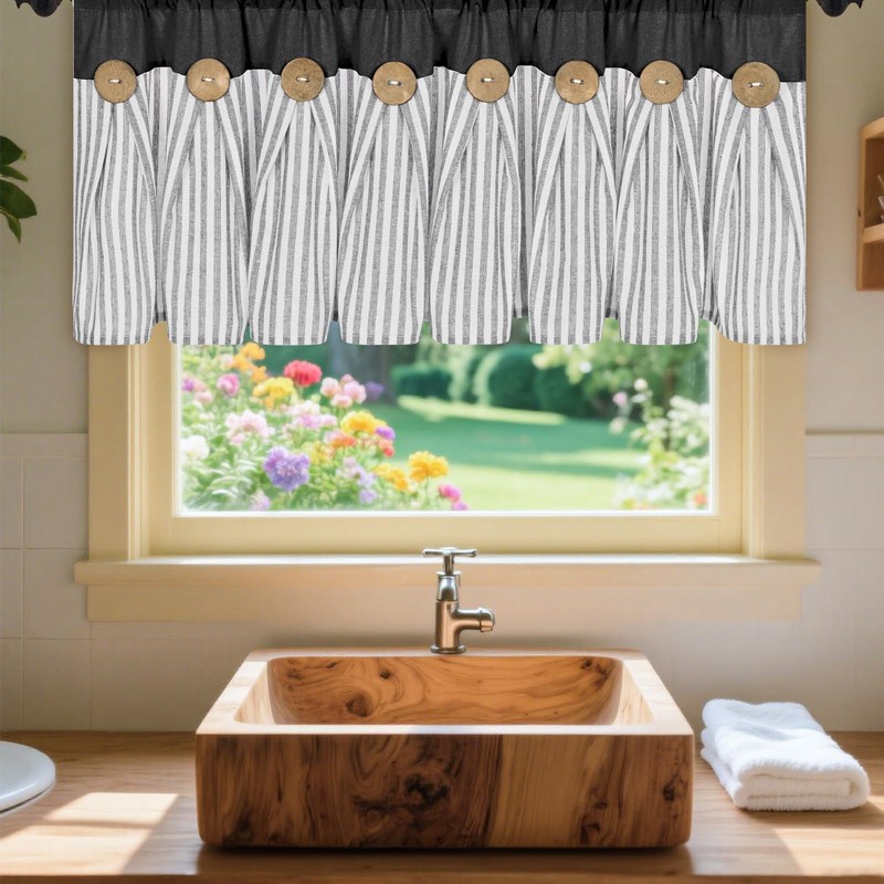 ASPMIZ Cotton Linen Kitchen Valance Curtains, Boho Rustic Button Linen