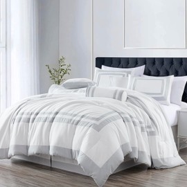 Chezmoi Collection Caprice 7-Piece Hotel Style Comforter Set - White/Silver Square Pattern Modern Color Block Bedding with Decorative Pillows - Luxurious Lightweight All Season Bed Set, Queen