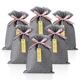Yatinbos Fabric Gift Wrap Bags, Grey Reusable Cloth Gift Bags Sets of 6 with Drawstring and Tags for Christmas Holiday, Birthday, Wedding or Daily Gift, 12" x 18"