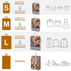 Compression Packing Cubes,4 Pcs Travel Packing Cubes Set,Lumobrilla Travel Organisers for Carry On Suitcases,Expandable Storage for Women/Men,Blueberry-Printed