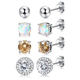 Dochais 4 Pairs Cubic Zirconia Stud Earrings Set 18K Gold Plated Hypoallergenic 4 Stud CZ Earrings for Women Girls Round Opal Ball Bolde Tragus Cartilage Earrings Silver, Copper