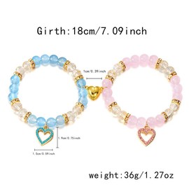 QRH Natural Stone Love Heart Matching Bracelets Pink Blue Love Heart Couple Matching Bracelets Heart Relationship Friendship Stone Beaded Kawaii Bracelets Birthday Valentine's Day Jewelry