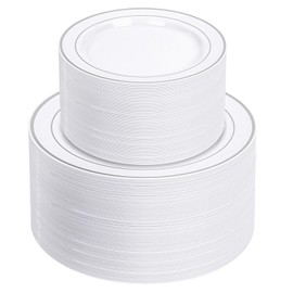 NOCCUR 200PCS Silver Plastic Plates Disposable for 100 Guests - Include 100 Dinner / 100 Dessert Plates Heavy Duty - Ideal for Party&Wedding