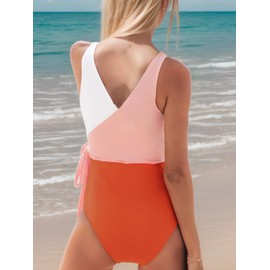 CUPSHE Women's One Piece Swimsuit Color Block Bathing Suit V Neck Wrapped Self Tie Swimwear, M