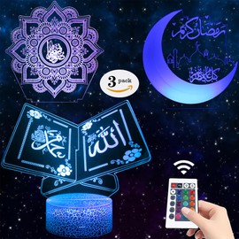 3pcs Muslims Night Lights - 3D Illusion Lamp Set with Moon Castle, Quran Book, Flower Designs - 16 Changeable Colors with Remote and Touch Control Ramadan Islamic Gifts for Kids Friends Home Deco